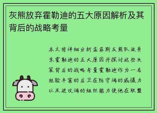 灰熊放弃霍勒迪的五大原因解析及其背后的战略考量
